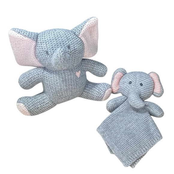 Lot 2 Modern Baby Elephant Lovey Plush Baby Toy Rattle Knit Gray Pink - Picture 1 of 16
